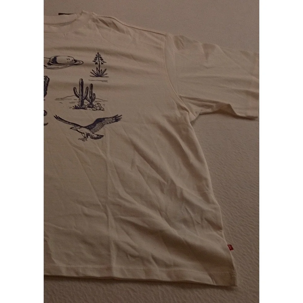 Levis Men's Western Graphic TShirt Cream Blue Cowboy Boot Cactus Eagle Small NWT